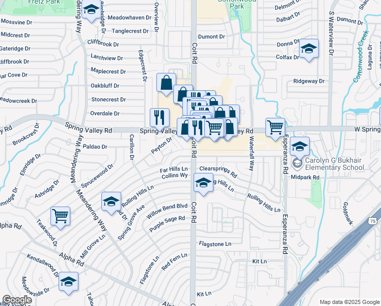 map of restaurants, bars, coffee shops, grocery stores, and more near 7989 Greenhollow Lane in Dallas