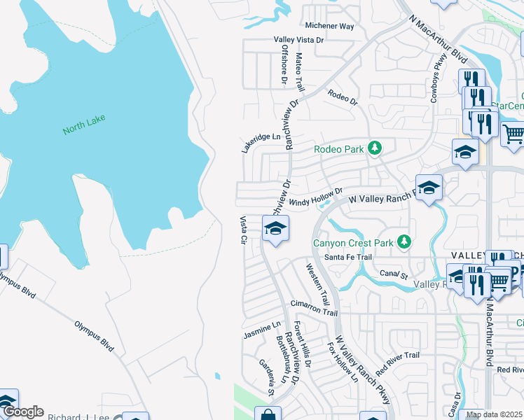 map of restaurants, bars, coffee shops, grocery stores, and more near 9515 Vista Circle in Irving