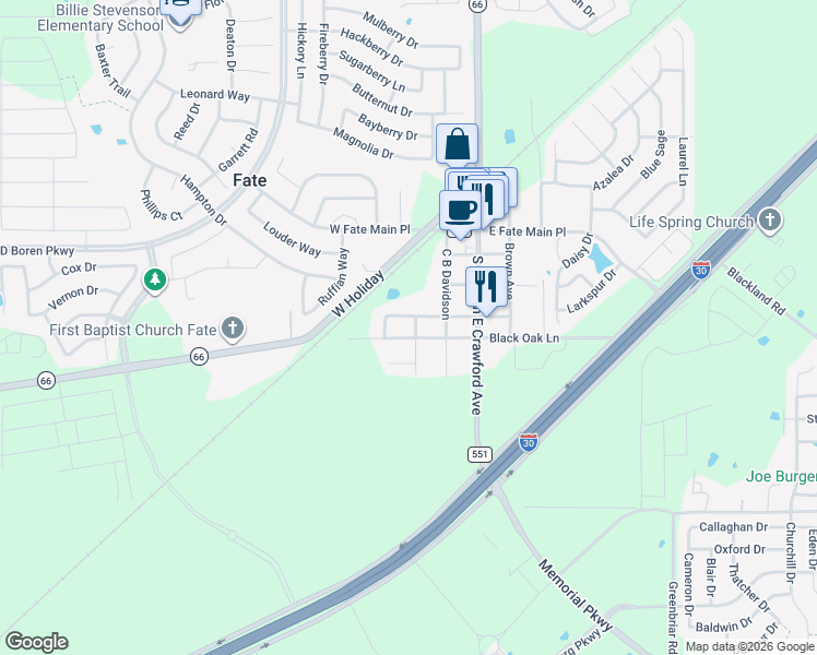 map of restaurants, bars, coffee shops, grocery stores, and more near 300 Cherry Tree Lane in Rockwall
