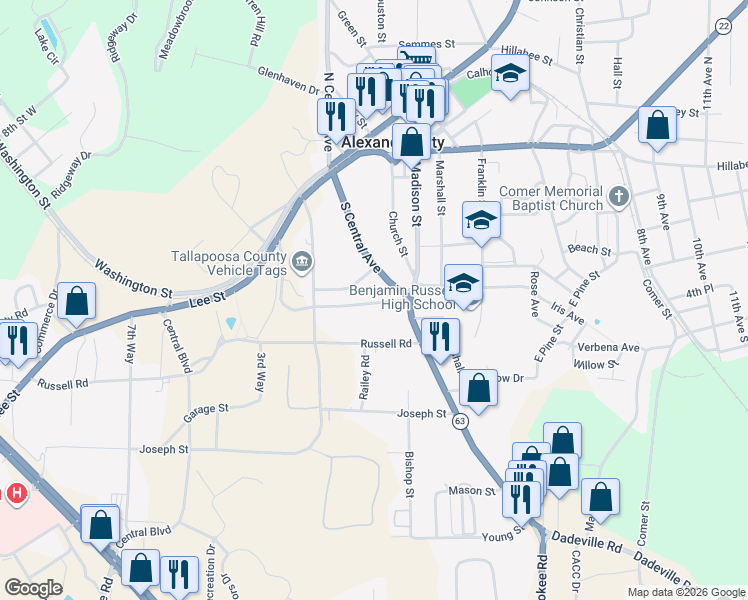 map of restaurants, bars, coffee shops, grocery stores, and more near 72 Ridge Road in Alexander City