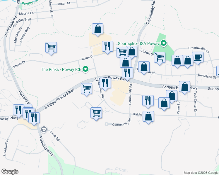 map of restaurants, bars, coffee shops, grocery stores, and more near 12880 Gregg Court in Poway