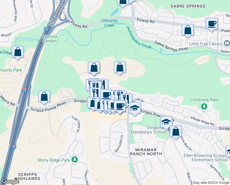 map of restaurants, bars, coffee shops, grocery stores, and more near 10665 Wexford Street in San Diego