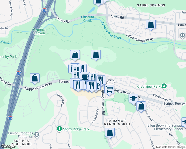 map of restaurants, bars, coffee shops, grocery stores, and more near 10655 Wexford Street in San Diego
