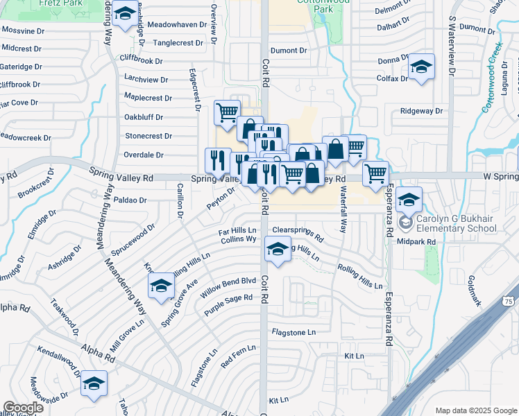 map of restaurants, bars, coffee shops, grocery stores, and more near 7989 Greenhollow Lane in Dallas