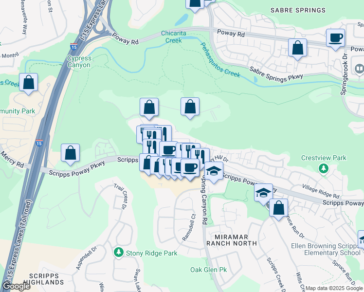 map of restaurants, bars, coffee shops, grocery stores, and more near 10665 Wexford Street in San Diego