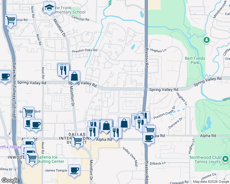 map of restaurants, bars, coffee shops, grocery stores, and more near 5700 Spring Valley Road in Dallas