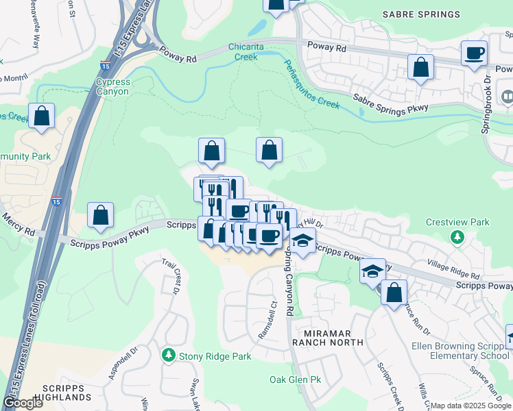 map of restaurants, bars, coffee shops, grocery stores, and more near 10665 Wexford Street in San Diego