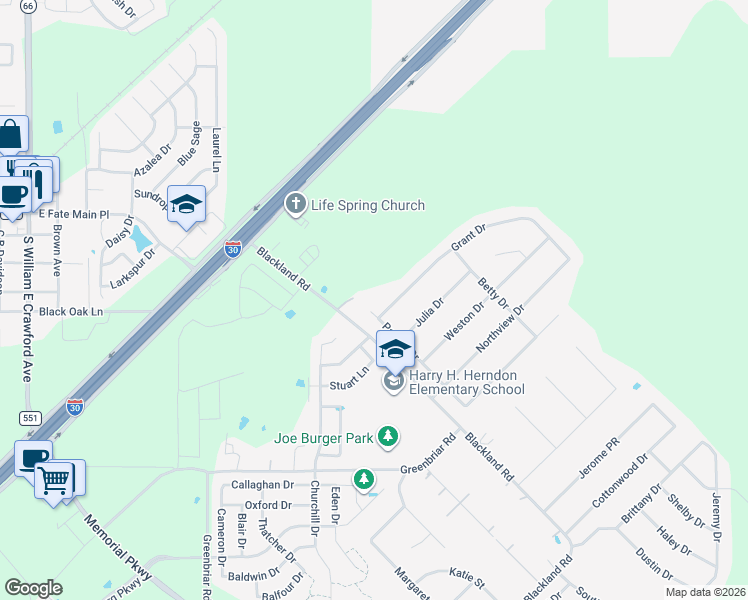 map of restaurants, bars, coffee shops, grocery stores, and more near 101 Grant Drive in Royse City