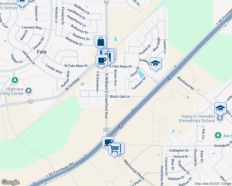 map of restaurants, bars, coffee shops, grocery stores, and more near 400 Brown Avenue in Royse City