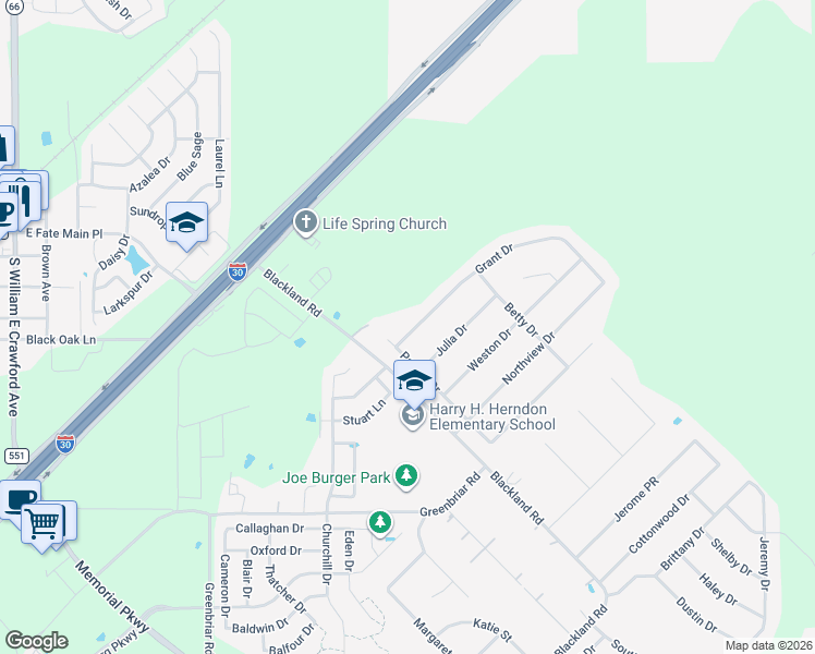 map of restaurants, bars, coffee shops, grocery stores, and more near 101 Grant Drive in Royse City