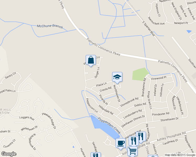 map of restaurants, bars, coffee shops, grocery stores, and more near 7782 Ginger Lane in North Charleston