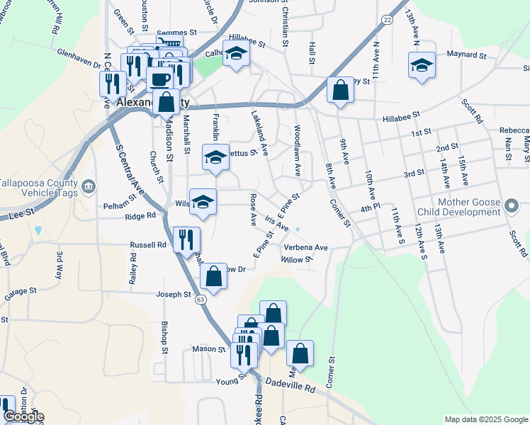 map of restaurants, bars, coffee shops, grocery stores, and more near 539 Iris Avenue in Alexander City