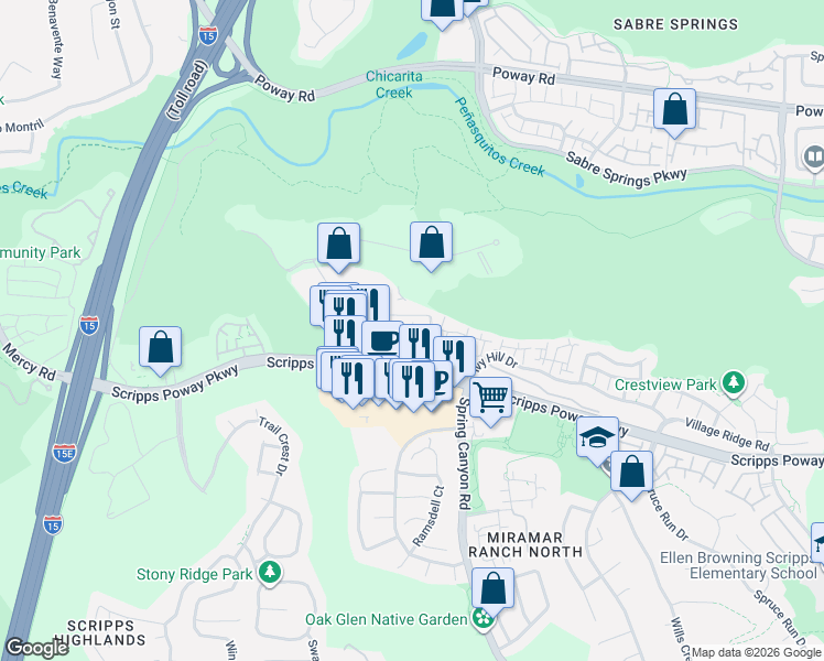 map of restaurants, bars, coffee shops, grocery stores, and more near 10665 Wexford Street in San Diego