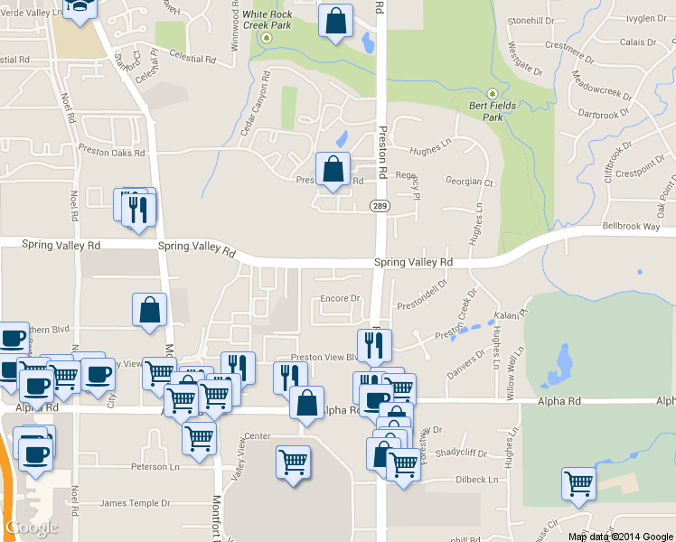 map of restaurants, bars, coffee shops, grocery stores, and more near 13918 Preston Valley Place in Dallas