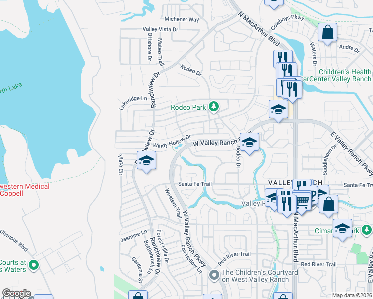 map of restaurants, bars, coffee shops, grocery stores, and more near 9670 Valley Ranch Parkway West in Irving