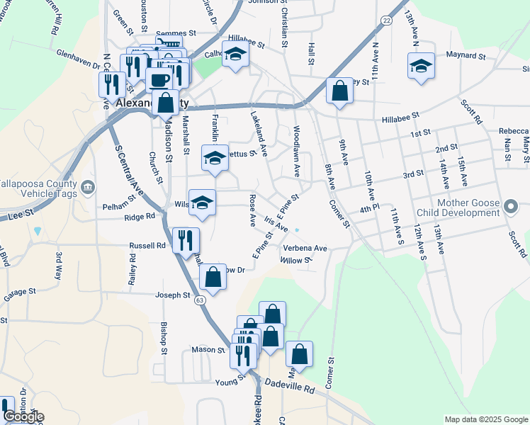 map of restaurants, bars, coffee shops, grocery stores, and more near 539 Iris Avenue in Alexander City