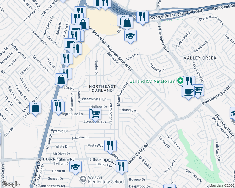 map of restaurants, bars, coffee shops, grocery stores, and more near 1429 Meandering Way in Garland