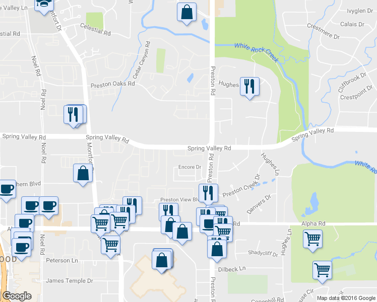 map of restaurants, bars, coffee shops, grocery stores, and more near 13918 Preston Valley Place in Dallas