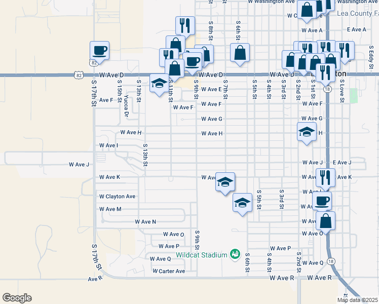 map of restaurants, bars, coffee shops, grocery stores, and more near 907 West Avenue I in Lovington