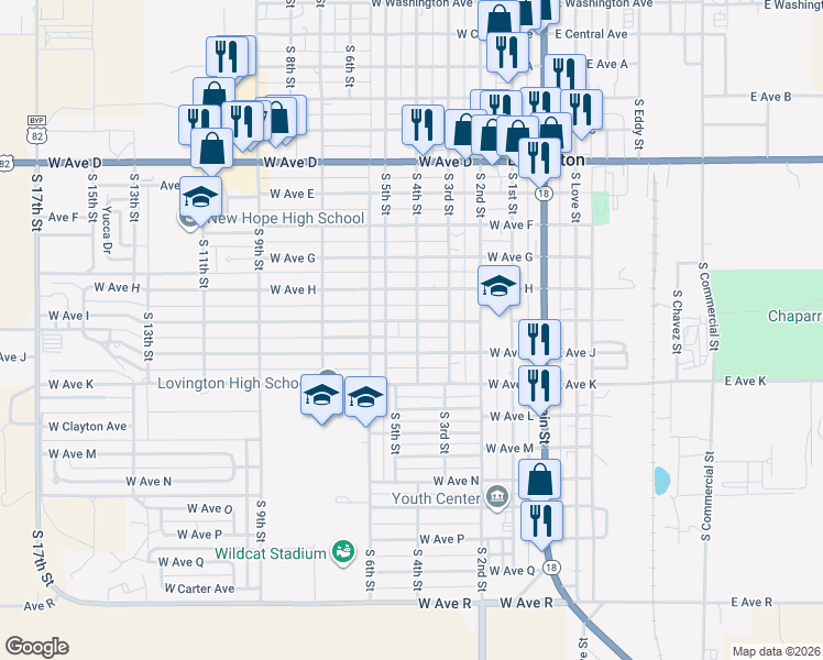 map of restaurants, bars, coffee shops, grocery stores, and more near 401 West Avenue I in Lovington
