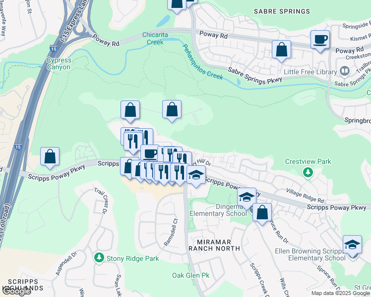 map of restaurants, bars, coffee shops, grocery stores, and more near 10725 Wexford Street in San Diego