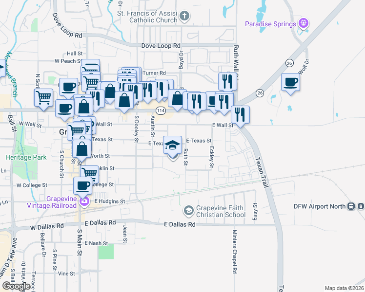 map of restaurants, bars, coffee shops, grocery stores, and more near 308 Ruth Street in Grapevine