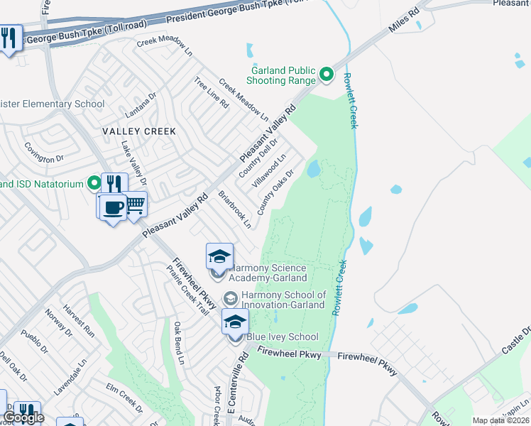 map of restaurants, bars, coffee shops, grocery stores, and more near 2034 Country Oaks Drive in Garland