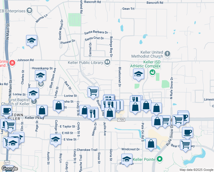 map of restaurants, bars, coffee shops, grocery stores, and more near 724 Avignon Trail in Keller