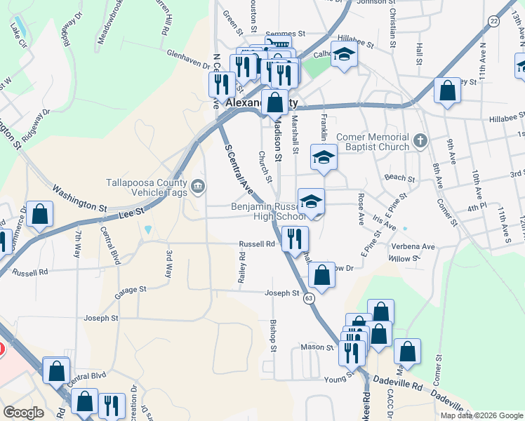 map of restaurants, bars, coffee shops, grocery stores, and more near 72 Ridge Road in Alexander City