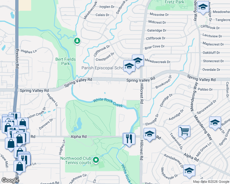map of restaurants, bars, coffee shops, grocery stores, and more near 6590 Spring Valley Road in Dallas