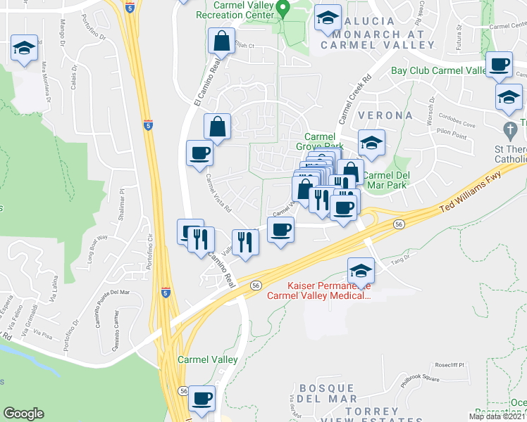 map of restaurants, bars, coffee shops, grocery stores, and more near 12214 Caminito Del Mar Sands in San Diego