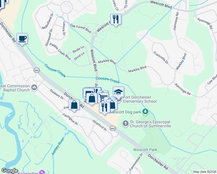 map of restaurants, bars, coffee shops, grocery stores, and more near 9580 Old Glory Lane in Summerville