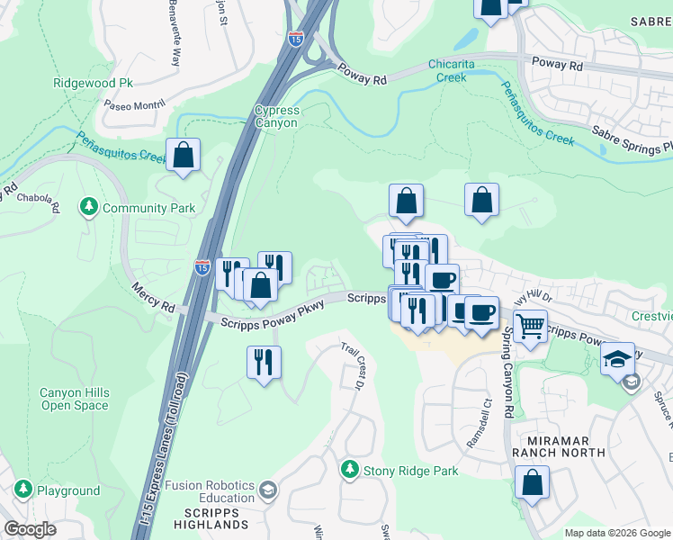 map of restaurants, bars, coffee shops, grocery stores, and more near 10414 Scripps Poway Parkway in San Diego