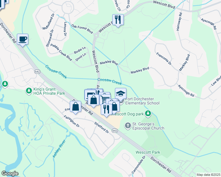 map of restaurants, bars, coffee shops, grocery stores, and more near 9580 Old Glory Lane in Summerville