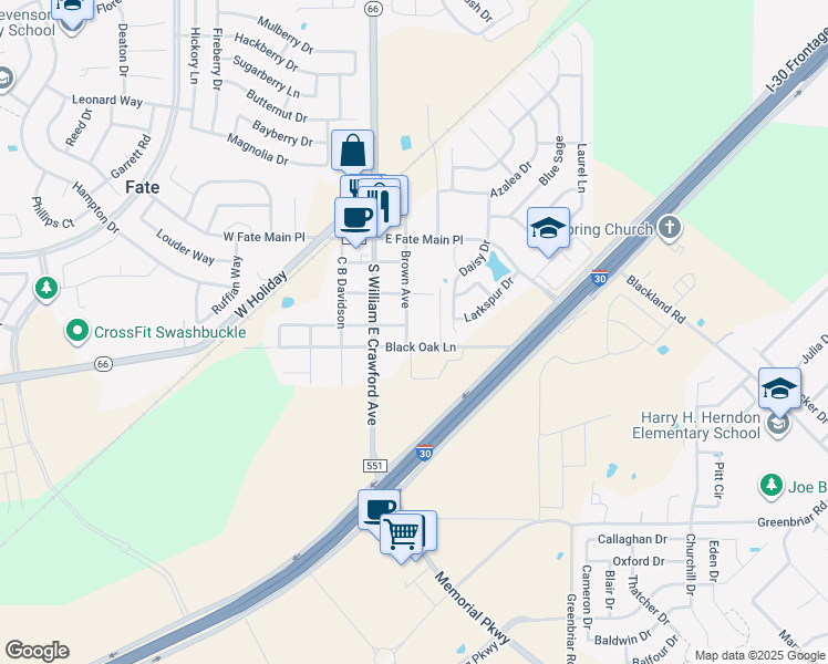 map of restaurants, bars, coffee shops, grocery stores, and more near 400 Brown Avenue in Rockwall