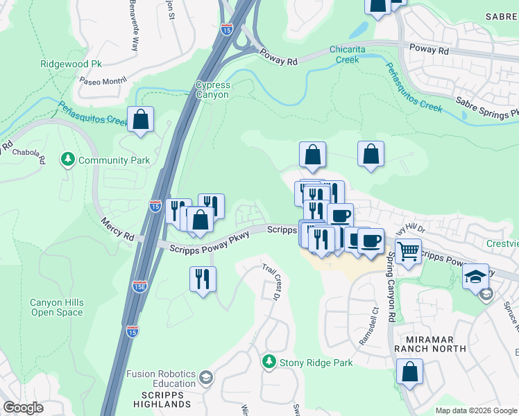 map of restaurants, bars, coffee shops, grocery stores, and more near 10414 Scripps Poway Parkway in San Diego