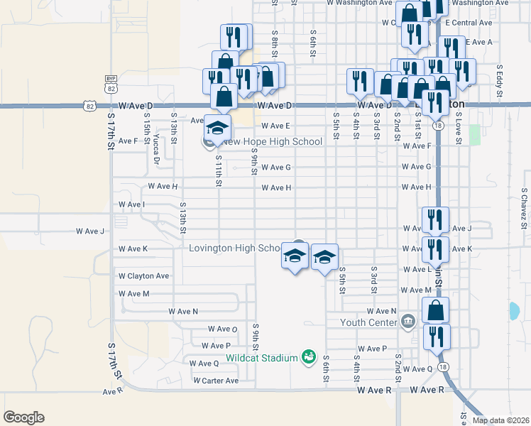 map of restaurants, bars, coffee shops, grocery stores, and more near 811 West Avenue I in Lovington