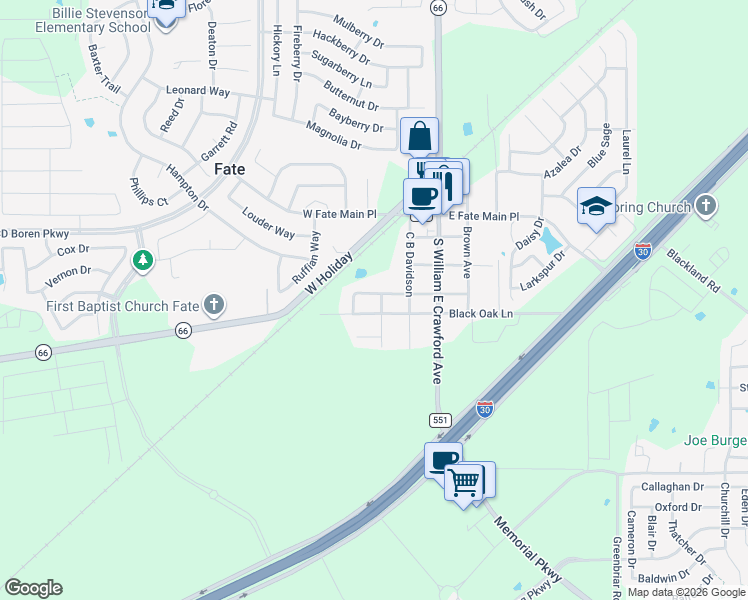 map of restaurants, bars, coffee shops, grocery stores, and more near 300 Cherry Tree Lane in Rockwall