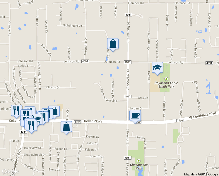 map of restaurants, bars, coffee shops, grocery stores, and more near 310 Stansbury Dr in Keller