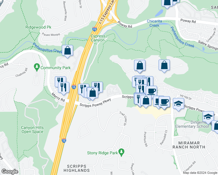 map of restaurants, bars, coffee shops, grocery stores, and more near 10354 Scripps Poway Parkway in San Diego