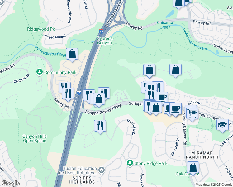 map of restaurants, bars, coffee shops, grocery stores, and more near 10354 Scripps Poway Parkway in San Diego
