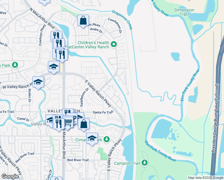 map of restaurants, bars, coffee shops, grocery stores, and more near 9528 Valley Ranch Parkway East in Irving