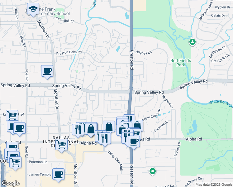map of restaurants, bars, coffee shops, grocery stores, and more near 13918 Preston Valley Place in Dallas