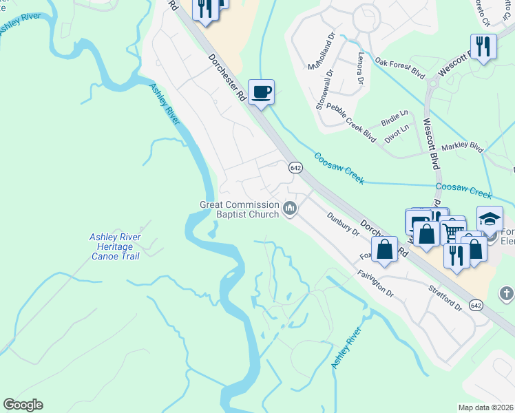 map of restaurants, bars, coffee shops, grocery stores, and more near 130 Lancer Drive in Summerville