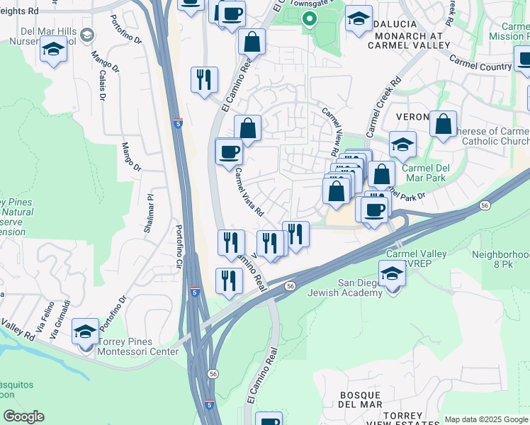 map of restaurants, bars, coffee shops, grocery stores, and more near 3639 Carmel Vista Road in San Diego