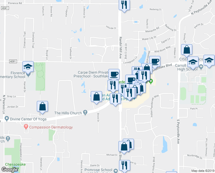 map of restaurants, bars, coffee shops, grocery stores, and more near 175 Stonebridge Lane in Southlake