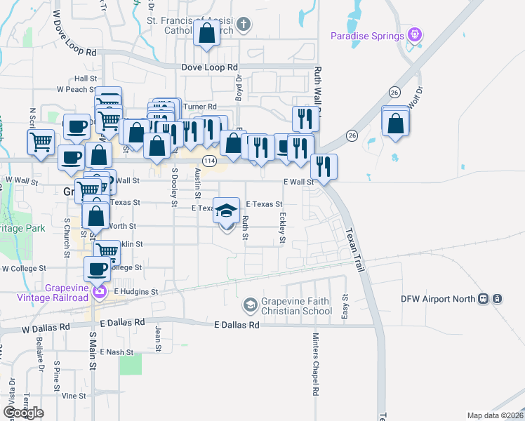 map of restaurants, bars, coffee shops, grocery stores, and more near 826 East Texas Street in Grapevine