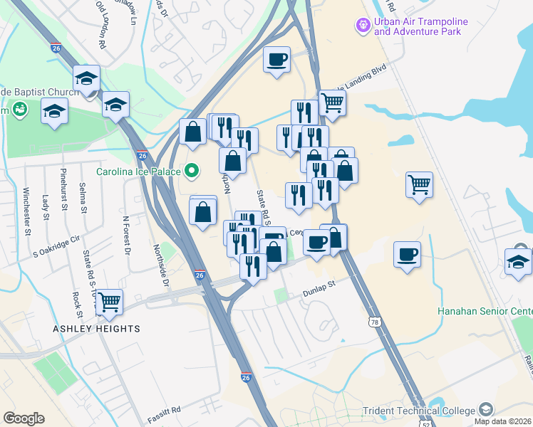 map of restaurants, bars, coffee shops, grocery stores, and more near 7588 Stafford Street in Charleston