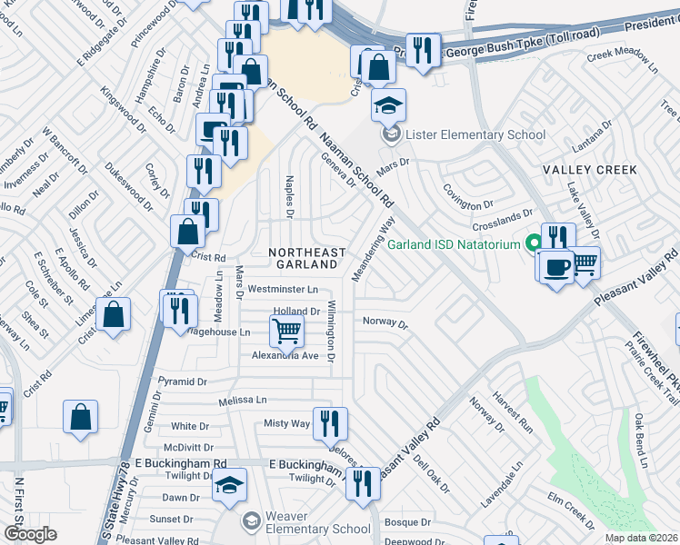 map of restaurants, bars, coffee shops, grocery stores, and more near 1429 Meandering Way in Garland