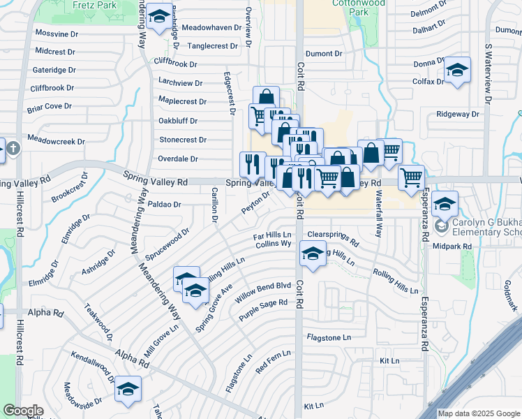 map of restaurants, bars, coffee shops, grocery stores, and more near 14034 Peyton Drive in Dallas